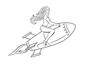 Woman flying rocket coloring book vector