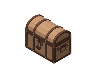 Closed wooden chest. Isolated on white background. 3d Vector illustration.
