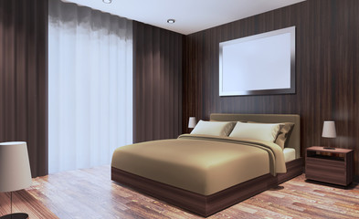 Modern bedroom design, Double bed. 3D rendering Empty paintings