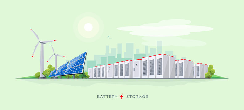 Vector illustration of large rechargeable lithium-ion battery energy storage stationary and renewable electric power station with solar panels and wind turbines. Backup power energy storage system.