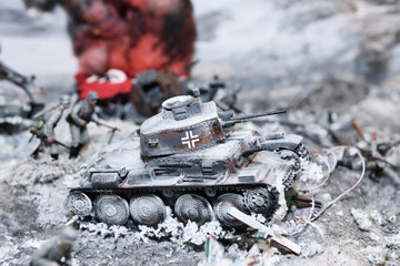 Fototapeta na wymiar A miniature background by February 23 and May 9. Battle of Stalingrad. Russian soldiers are fighting the German fascist invaders.