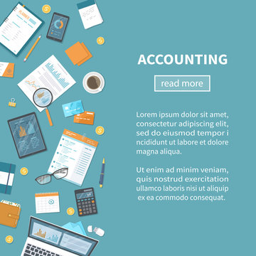 Accounting concept. Tax calculation. Financial analysis, planning, analytics, statistics, data analysis, research. Documents, forms, charts, graphs, calendar, calculator, notebook. Vector