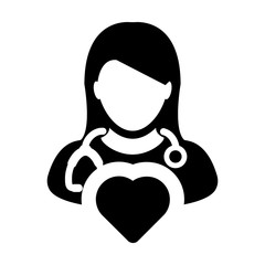 Doctor Icon Vector Cardiologist Specialist with Heart Symbol Female Physician Profile Avatar in Glyph Pictogram illustration