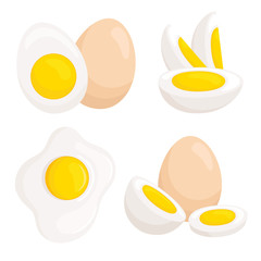 Vector eggs isolated on white background. Set of differently cooked eggs.