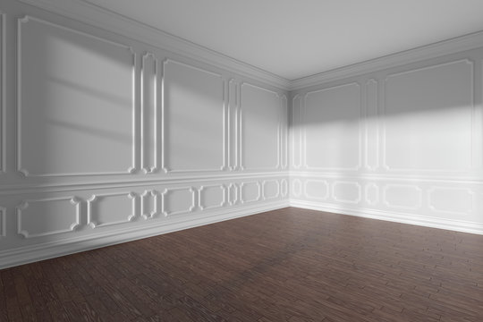 White empty room with molding and dark parquet wide angle