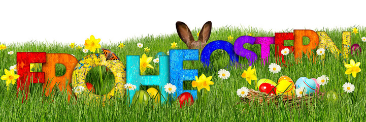 frohe ostern hintergrund gras osterwiese mit holz buchstaben ostereier und osterhase vor...