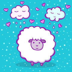 Sweet sheep on a blue background with clouds and hearts 