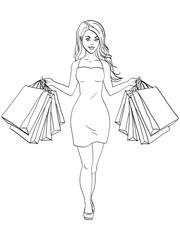 Girl with shopping. I bought a lot of clothes. Gift bags fashion. Object coloring book vector illustration