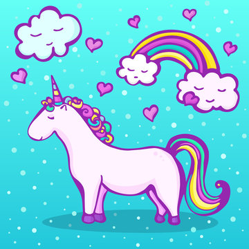Sweet unicorn on a blue background with a rainbow, clouds and hearts 