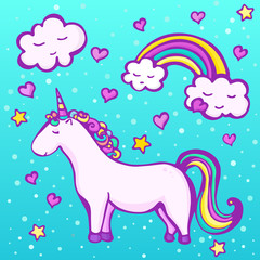 Cute unicorn on a blue background with a rainbow, clouds, hearts and stars