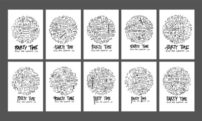 Party doodle illustration circle form on a4 paper wallpaper background line sketch style set eps10