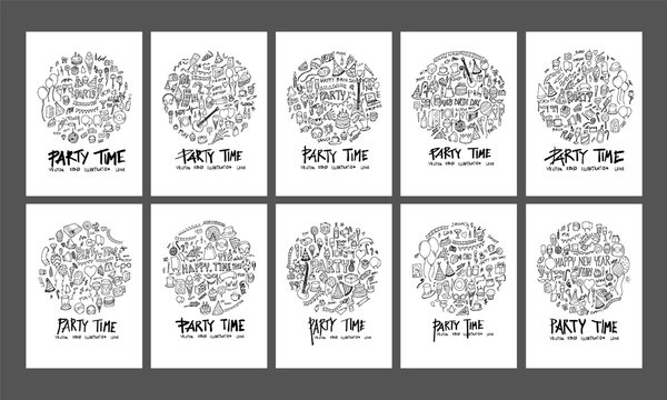 Party doodle illustration circle form on a4 paper wallpaper background line sketch style set eps10