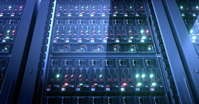 Server in datacenter. Cloud computing data storage 3d rendering