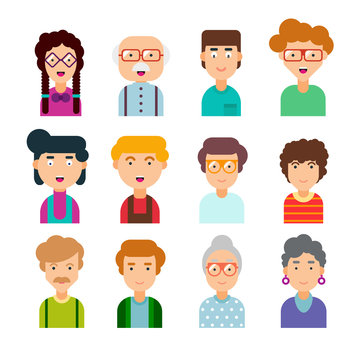 Colorful set of male and female faces in flat design