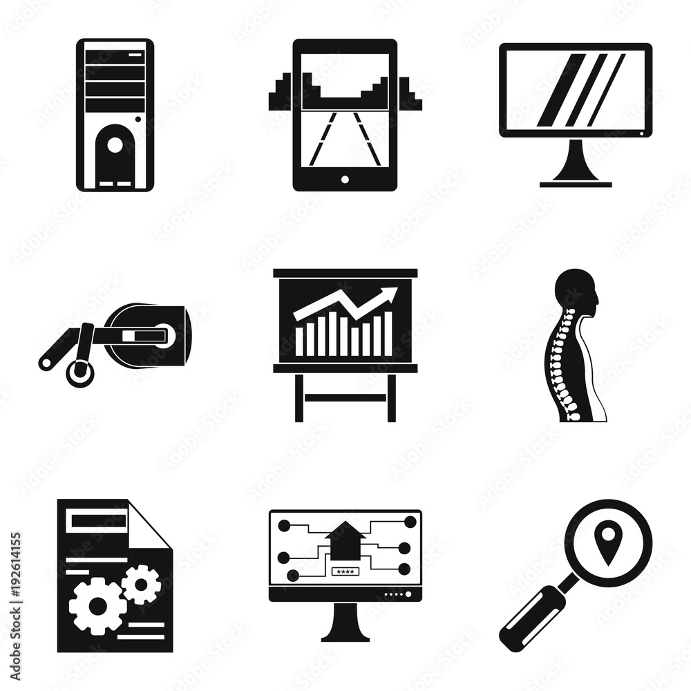 Poster programming device icons set, simple style