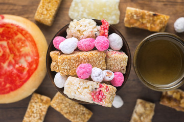 Top View of Chinese Pastry andsweetmeat made of many ingredients