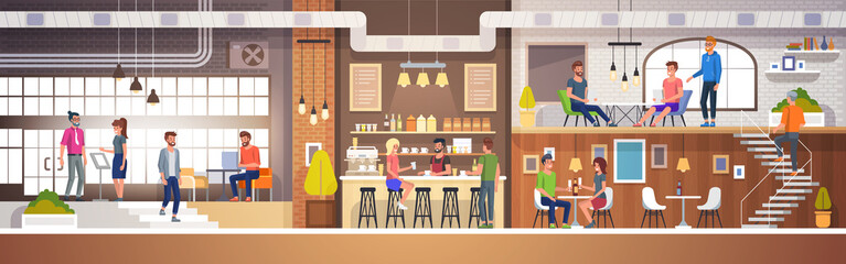 Modern Cafe Interior in loft style. full of People. Restaurant Flat Vector Illustration.