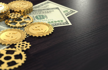 Dollar coins in the guise of cog as a part of bigger machine laying on dollar bill. Copy space on wooden desk with place for text on the right. American economy concept. 3D rendering