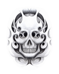 Fototapeta premium Art graphic mix Skull Tattoo. Hand pencil drawing on paper.