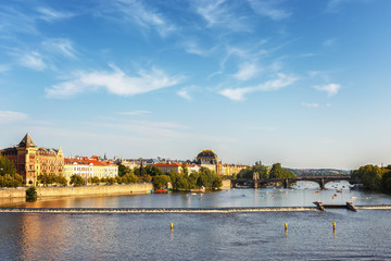 Fototapeta premium Panoramic view of the river Vltava, embankment, bridges in the city of Prague. Czech Republic.