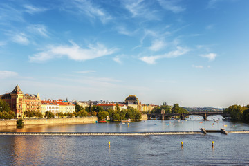 Panoramic view of the river Vltava, embankment, bridges in the city of Prague. Czech Republic.