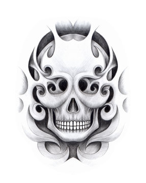 Art graphic mix Skull Tattoo. Hand pencil drawing on paper.