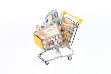 Einkaufswagen mit Euro Banknoten