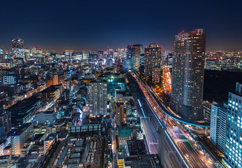 Fototapeta na wymiar Aerial view of the cityscape of Minato, Tokyo, Japan at night