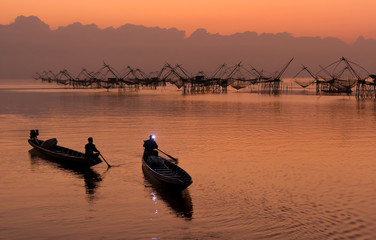 Pakpra with beautiful morning light and sky , the landmark of square fishing dip nets in southern of Thailand.