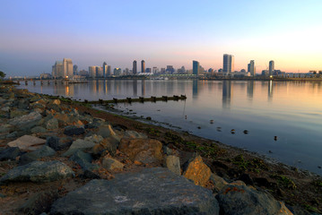 The sunrise over San Diego, California from Coronado Island.