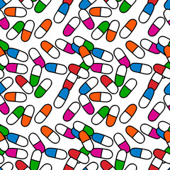 Medical seamless pattern background with colorful pills. Cartoon style  illustration