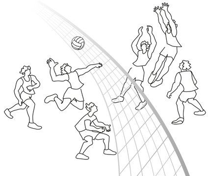 Vector illustration of volleyball players in action.