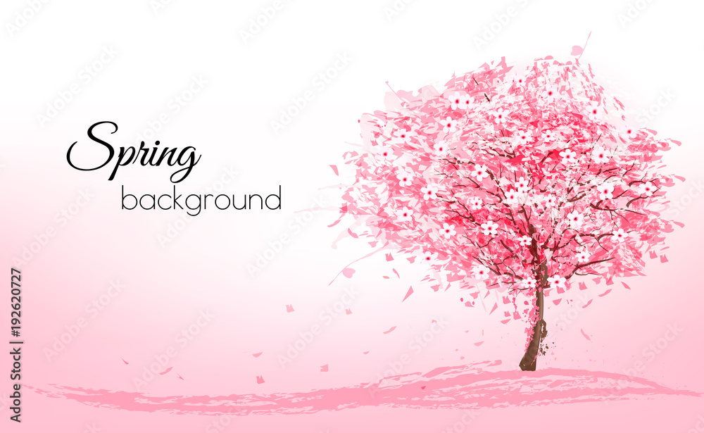 Poster beautiful background with a pink blooming sakura tree. vector.