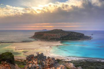 Sunset over beautiful Balos beach on Crete, Greece