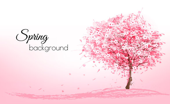 Beautiful background with a pink blooming sakura tree. Vector.