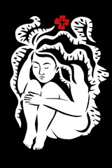 Девушка с цветком .Сон.Работа вырезанная  из чёрной и белой бумаги.