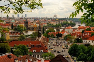 Naklejka premium Prague, tram and bridges. Prague roof tops. Czech Republic.