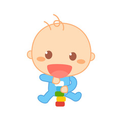 Baby plays toys. Cute baby milestone.