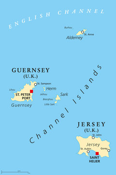 Guernsey and Jersey, political map, with capitals. Channel Islands. Crown dependencies. Archipelago in the English Channel, off the french coast of Normandy. English labeling. Illustration. Vector.
