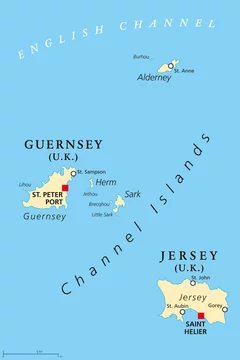 Guernsey and Jersey, political map, with capitals. Channel Islands. Crown  dependencies. Archipelago in the English Channel, off the french coast of  Normandy. English labeling. Illustration. Vector. Stock Vector | Adobe Stock