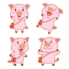 Set of cute cartoon pigs with red money bag in different poses.