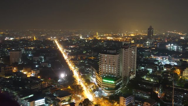 Bangkok Thailand cityscape, ship transportation, vehicle traffic at night, time lapse