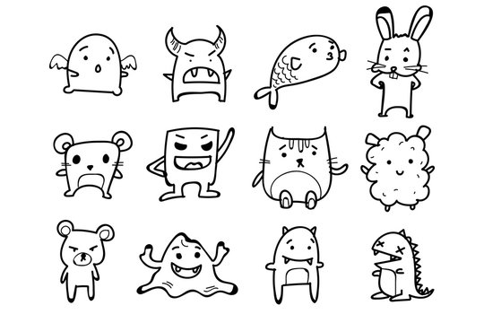 Set of Monsters, Animals. Doodle cartoon drawing on white background