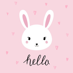 Hand drawn vector portrait of a cute funny bunny with lettering. Vector illustration.