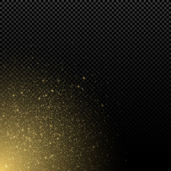 Abstract golden sparkle on a transparent background. Magical gold dust and glares side view. Christmas dust. Graphic element for your design. Vector illustration