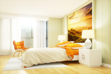 Helles Hotelzimmer mit Doppelbett im Hotel