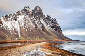 frozen landscape at stokksnes sand beach, iceland
