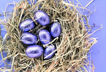 Purple Easter chocolate eggs in a nest of hay, Passover background with text space