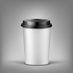 Vector 3d realistic cup of coffee with shadow, plastic container for hot drink. Template for advertising, mug with lid for promoting products on grey background. Mockup for food to go, take out food
