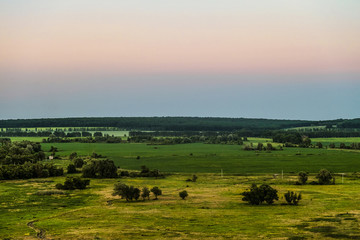 Fototapeta na wymiar View of green forest-steppe plain. Green landscape from height. Evening time.